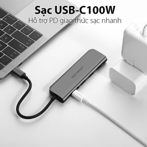 Bộ Chuyển USB C 6 in 1 Ugreen 80132 USB C To 3 USB 3.0+HDMI 4K + Audio 3.5mm Hỗ Trợ Mic + PD 100W