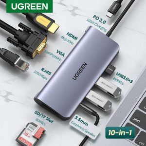 Bộ Chuyển Đổi (10-In-1) USB C To HDMI + VGA + LAN 1Gbps + Hub USB3.0 + SD/TF + Audio Ugreen 80133